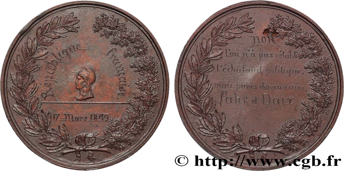 DEUXIÈME RÉPUBLIQUE Médaille, Exécution des assassins du Général de Bréa AU