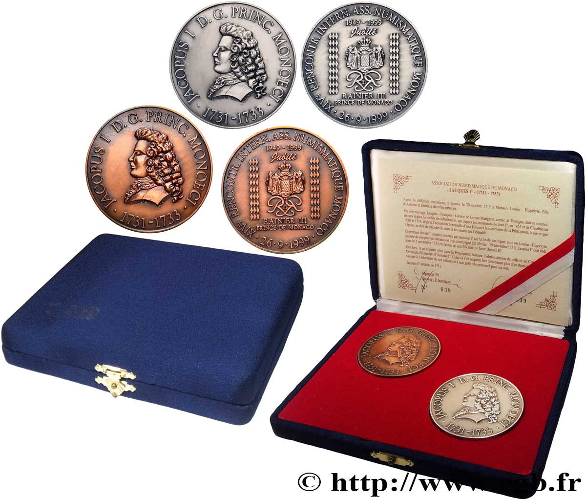 MONACO Coffret de 2 médailles, Jubilé de Rainier III, 14e rencontres numismatiques SUP