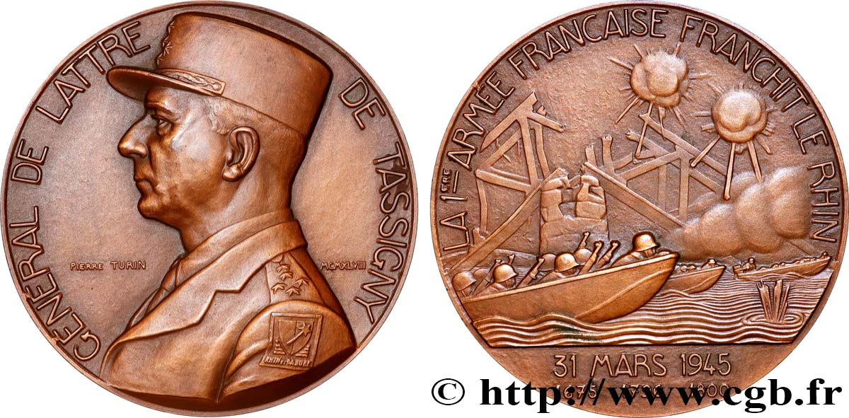 PROVISORY GOVERNEMENT OF THE FRENCH REPUBLIC Médaille, Général Jean de Lattre de Tassigny, Franchissement du Rhin VZ
