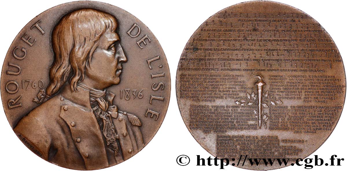 TERZA REPUBBLICA FRANCESE Médaille, Rouget de l’Isle, auteur de la Marseillaise q.SPL