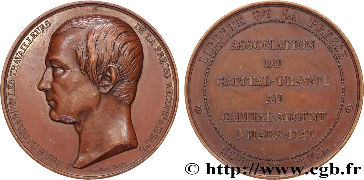 DEUXIÈME RÉPUBLIQUE Médaille, Emile de Girardin, Liberté de la presse AU