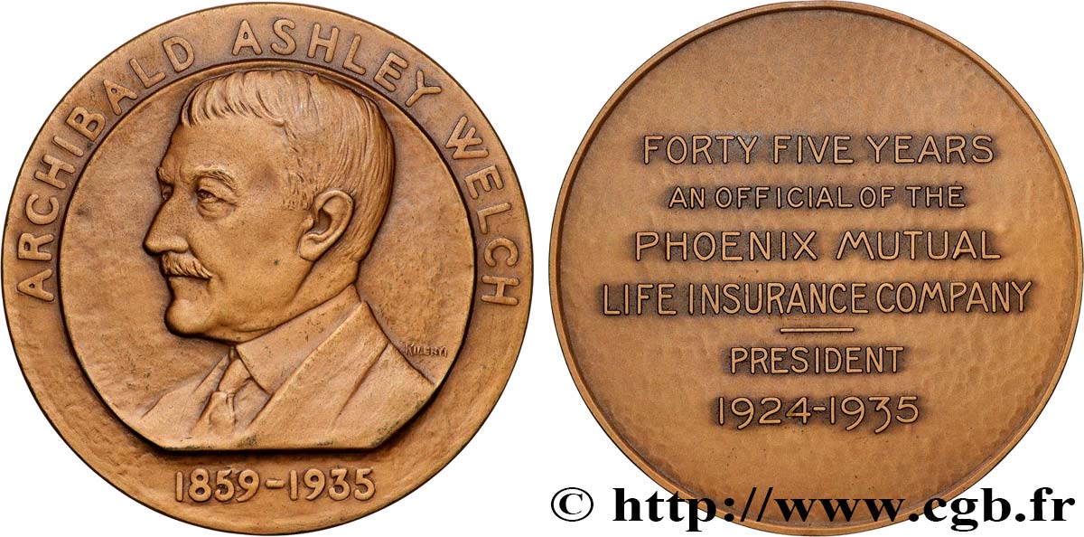 UNITED STATES OF AMERICA Médaille, Archibald Ashley Welch, Président de Phenix Mutual Life Insurance Company AU