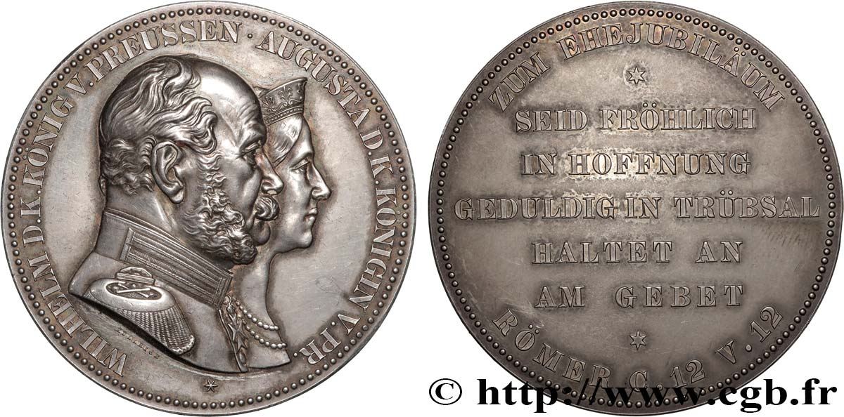 ALLEMAGNE - ROYAUME DE PRUSSE - GUILLAUME Ier Médaille, Noces d’or de Guillaume Ier de Prusse et Augusta de Saxe-Weimar-Eisenach TTB+/SUP