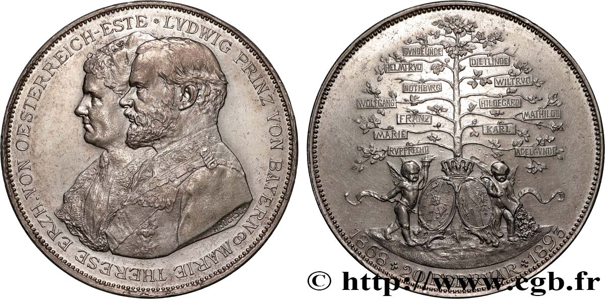 ALLEMAGNE - ROYAUME DE BAVIÈRE - OTHON Médaille, Noces d’argent du prince Ludwig et Marie-Thérèse BB