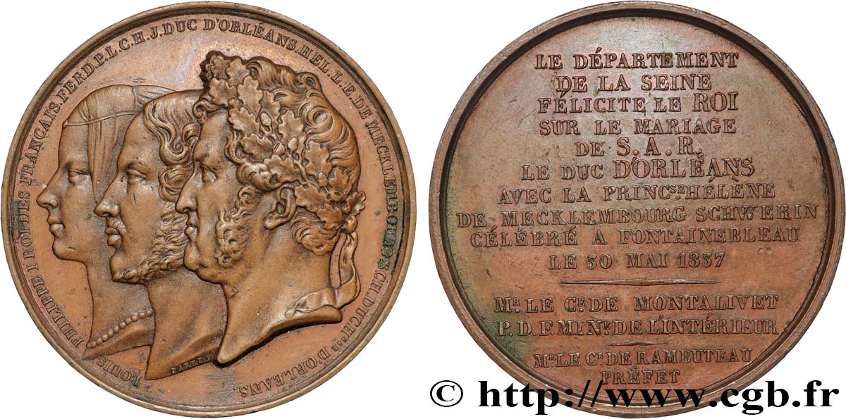 LUIGI FILIPPO I Médaille, Mariage de Ferdinand-Philippe d Orléans et Hélène de Mecklembourg-Schwerin SPL