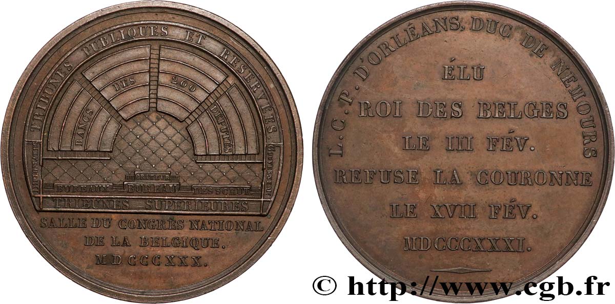 BELGIUM Médaille, Louis d’Orléans, élu roi des Belges, refuse la couronne XF/AU