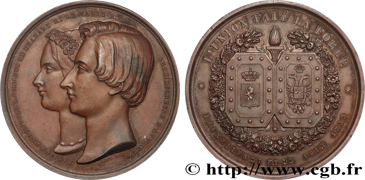BELGIQUE - ROYAUME DE BELGIQUE - LÉOPOLD II Médaille, mariage de Léoplod II et Marie Henriette de Hasbourg-Lorraine AU/AU