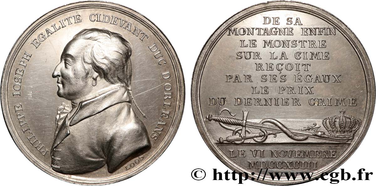 LOUIS PHILIPPE JOSEPH, DUC D ORLÉANS, dit PHILIPPE-ÉGALITÉ Médaille commémorant l’exécution de Philippe d’Orléans le 6 novembre 1793 AU