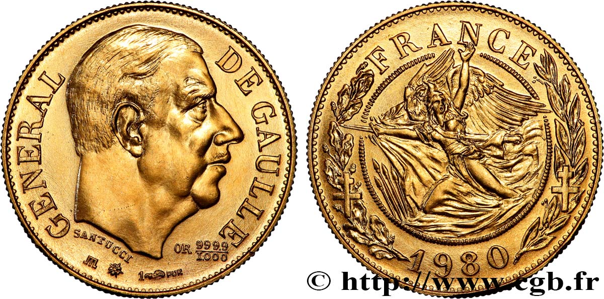 V REPUBLIC Médaille, module de 20 francs, Charles de Gaulle AU