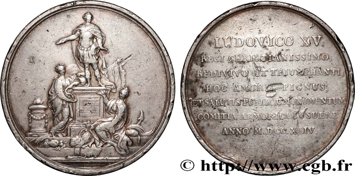 LOUIS XV DIT LE BIEN AIMÉ Médaille, Pose de la première pierre de la statue de Louis XV à Rennes TB