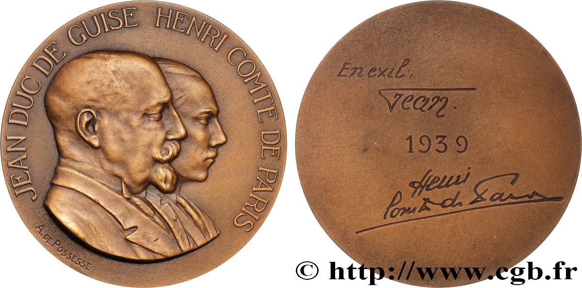 TERZA REPUBBLICA FRANCESE Médaille, Jean, duc de Guise et Henri, comte de Paris en exil SPL