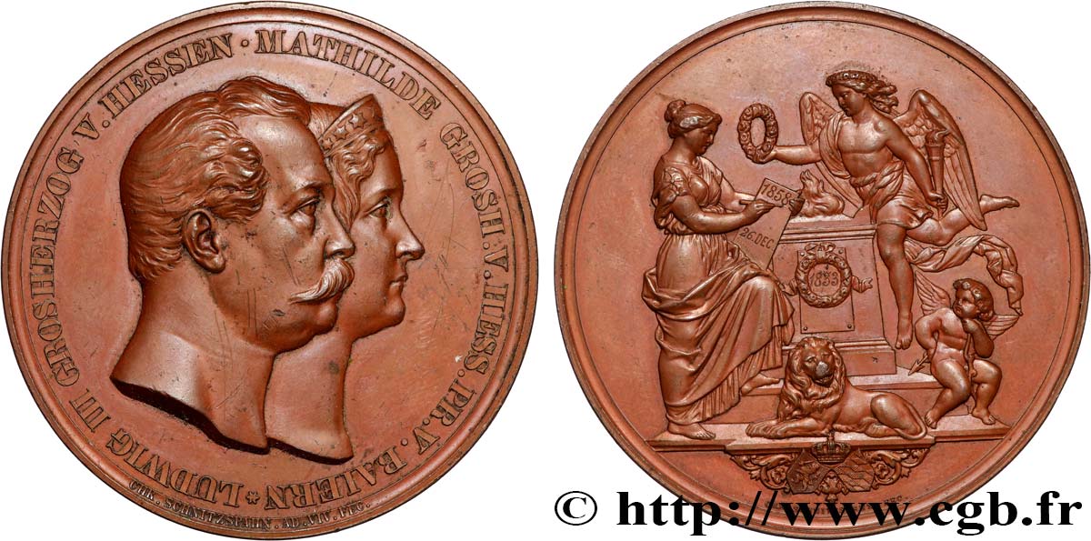 ALLEMAGNE - GRAND-DUCHÉ DE HESSE - LOUIS III Médaille, Noces d’argent du Grand Duc Louis III de Hesse-Darmstadt et son épouse Mathilde Caroline MBC+/EBC