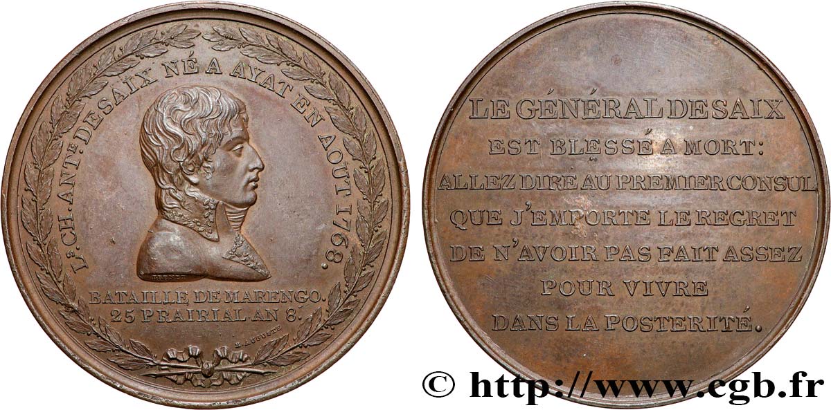 CONSULAT Médaille, Bataille de Marengo, Décès du Général Desaix TTB+