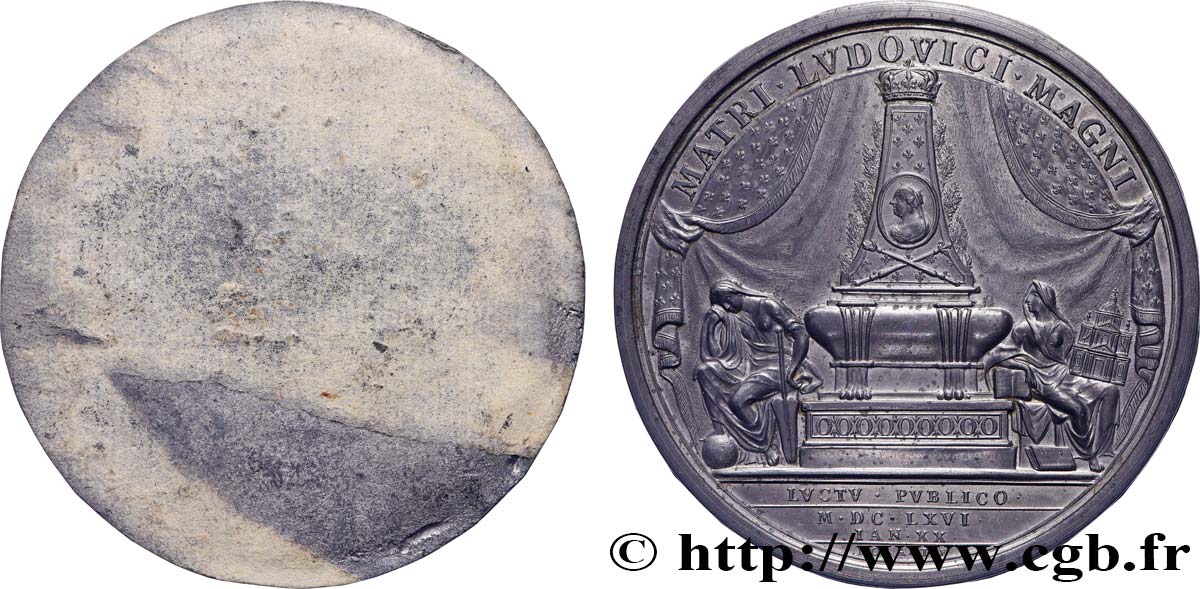 LOUIS XIV  THE SUN KING  Médaille, Mort de la reine mère, tirage uniface du revers q.SPL