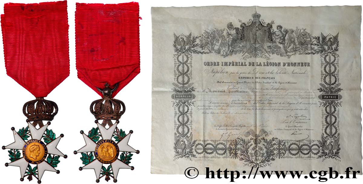 SEGUNDO IMPERIO FRANCES Médaille, Légion d’honneur, Croix de chevalier, modèle second empire, avec son diplôme MBC