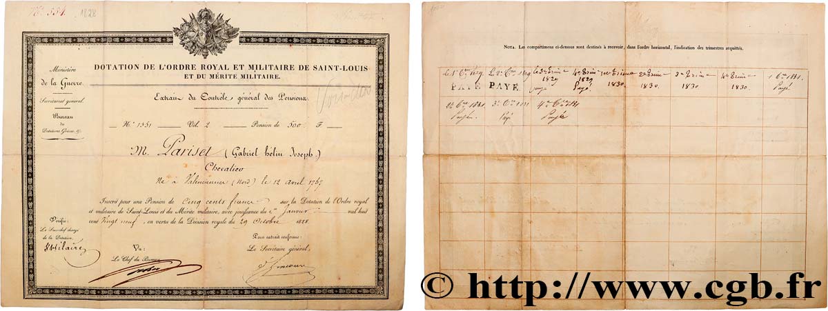 CARLO X Document, Dotation de l’ordre royal et militaire de Saint-Louis et du mérite militaire, Chevalier BB