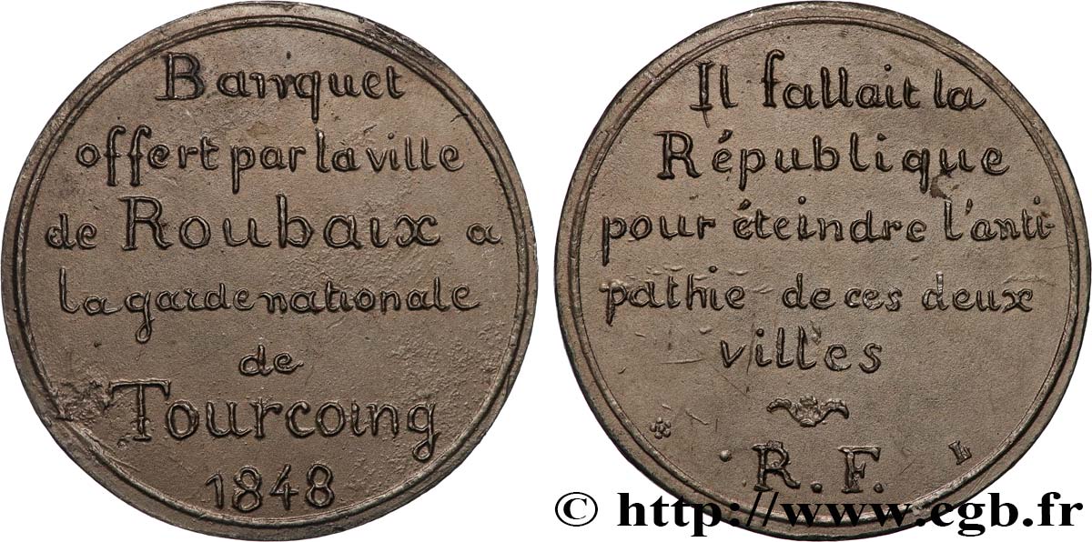 DEUXIÈME RÉPUBLIQUE Médaille, Banquet pour la garde nationale de Tourcoing TTB+
