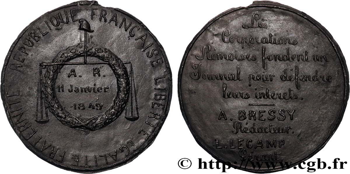 SECOND REPUBLIC Médaille, Fondation d’un journal par les corporations rémoises AU