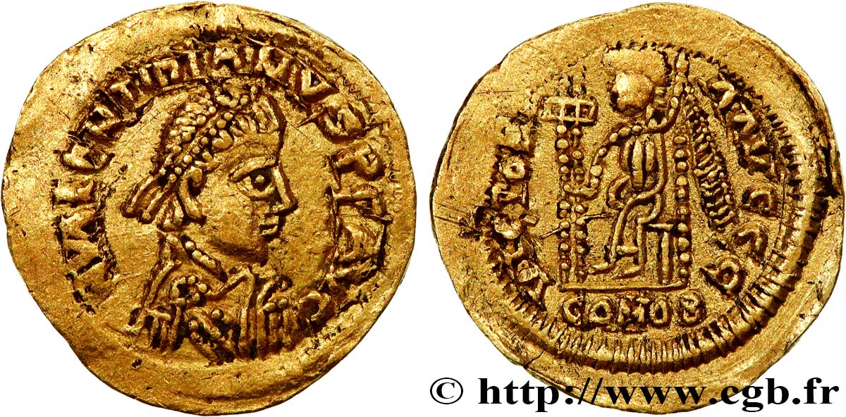PSEUDO-IMPERIAL COINAGE IN THE NAME OF VALENTINIAN III - VISIGOTHS OR BURGUNDIANS Triens à la victoire assise AU