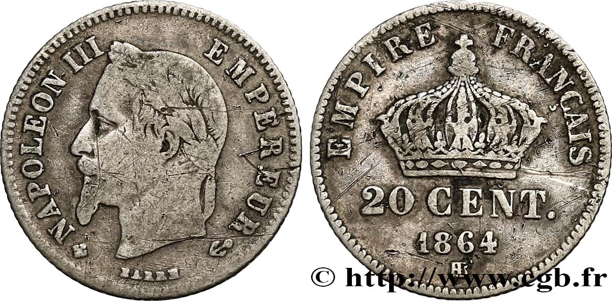 20 centimes Napoléon III, tête laurée, petit module 1864 Strasbourg F.149/2 RC12 