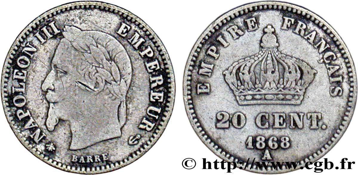 20 centimes Napoléon III, tête laurée, grand module 1868 Paris F.150/4 B10 