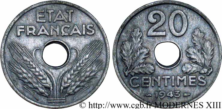 20 centimes État français, lourde 1943  F.153/5 TTB40 