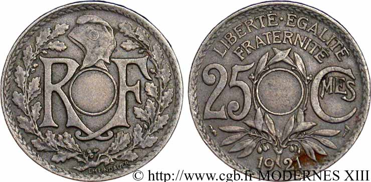 25 centimes Lindauer, non perforé 1921  F.171/5 var. TTB48 