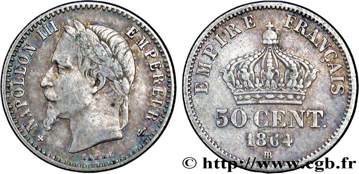 50 centimes Napoléon III, tête laurée 1864 Strasbourg F.188/3 XF40 
