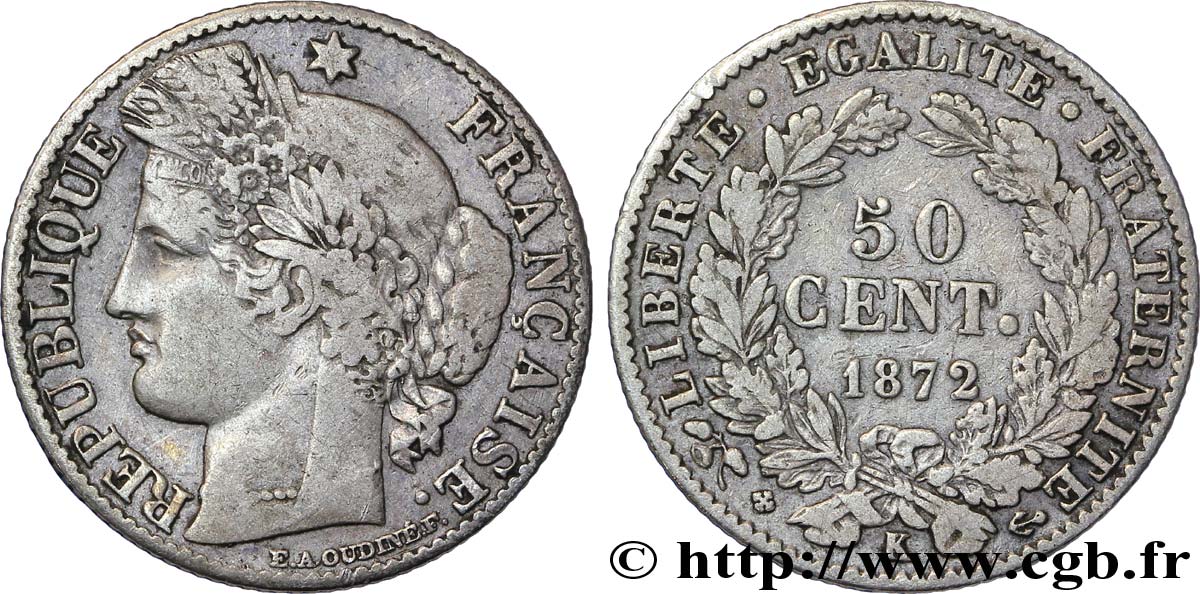 50 centimes Cérès, IIIe République 1872 Bordeaux F.189/4 TB20 