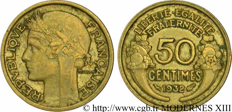 50 centimes Morlon, sans raisin ni fruit, 9 et 2 fermés 1932  F.192/9 VF35 