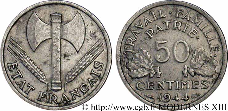 50 centimes Francisque, légère 1944  F.196/4 TB35 