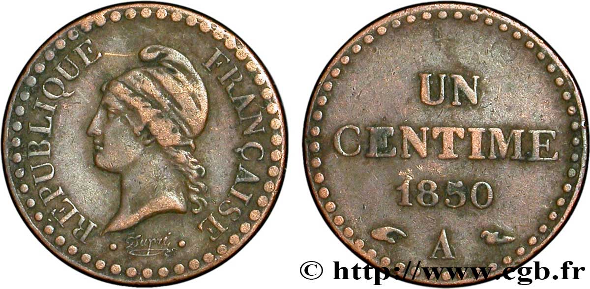 Un centime Dupré, IIe République 1850 Paris F.101/5 VF20