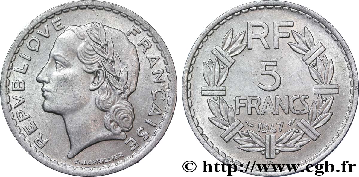 5 francs Lavrillier, aluminium 1947 Beaumont-Le-Roger F.339/11 TTB53 