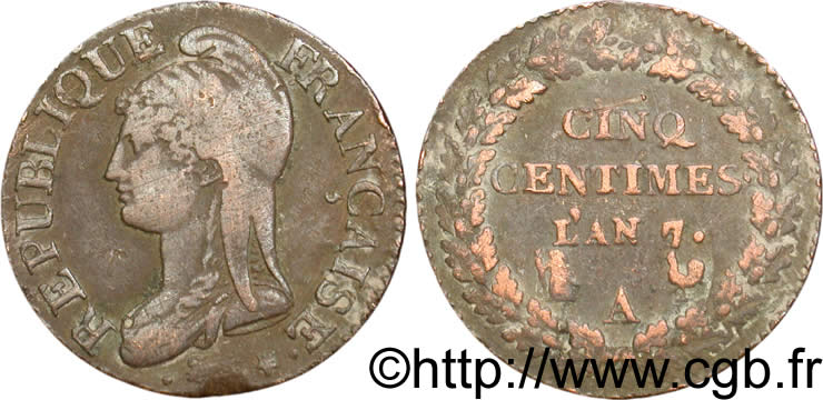 Cinq centimes Dupré, grand module 1799 Paris F.115/31 TB35