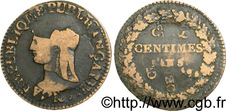 Cinq centimes Dupré, grand module, double frappe 1797 Paris F.115/1 B12