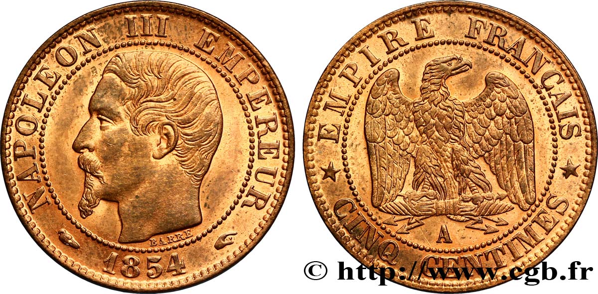 Cinq centimes Napoléon III, tête nue 1854 Paris F.116/8 SUP60