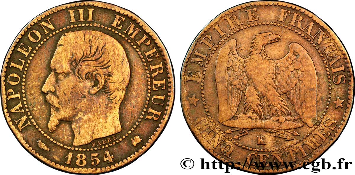 Cinq centimes Napoléon III, tête nue 1854 Bordeaux F.116/13 TB20 