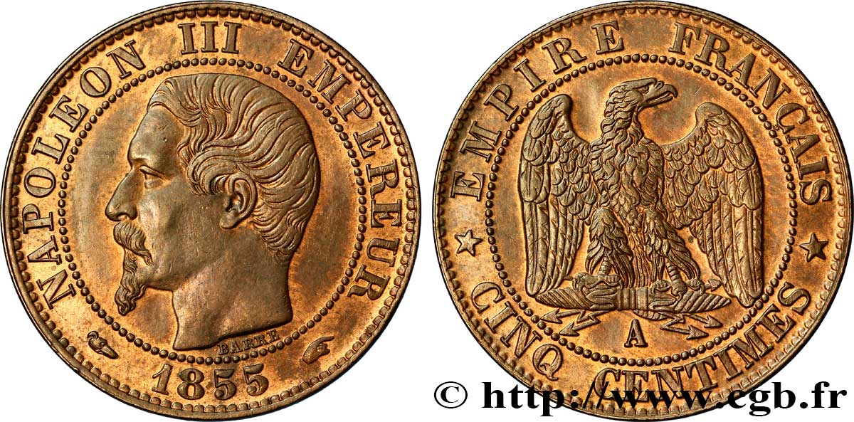 Cinq centimes Napoléon III, tête nue 1855 Paris F.116/16 SUP58 