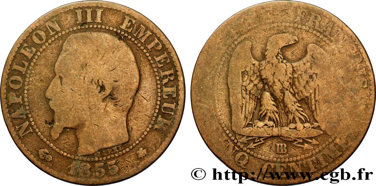 Cinq centimes Napoléon III, tête nue 1855 Strasbourg F.116/21 B8 