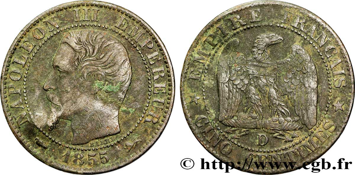 Cinq centimes Napoléon III, tête nue 1855 Lyon F.116/22 TB20 