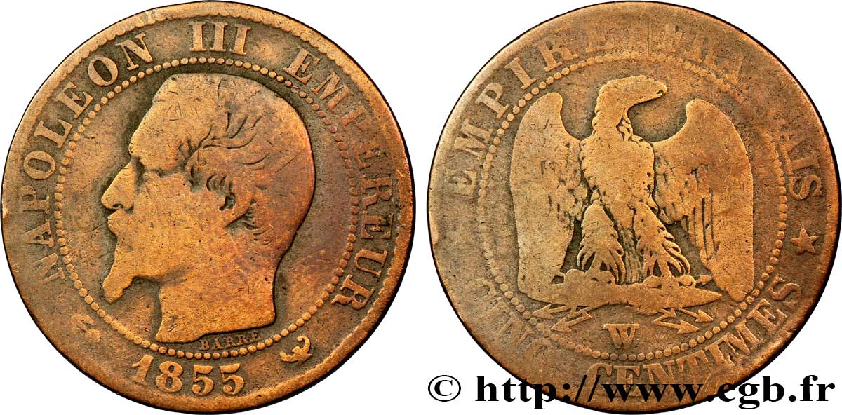 Cinq centimes Napoléon III, tête nue 1855 Lille F.116/29 B8 
