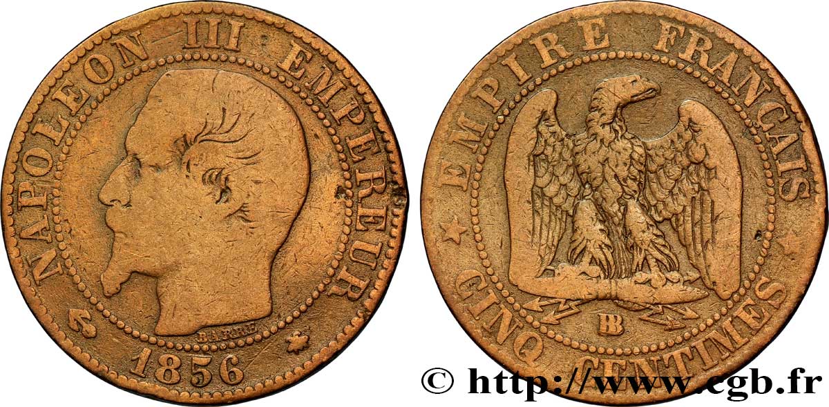 Cinq centimes Napoléon III, tête nue 1856 Strasbourg F.116/32 B12 