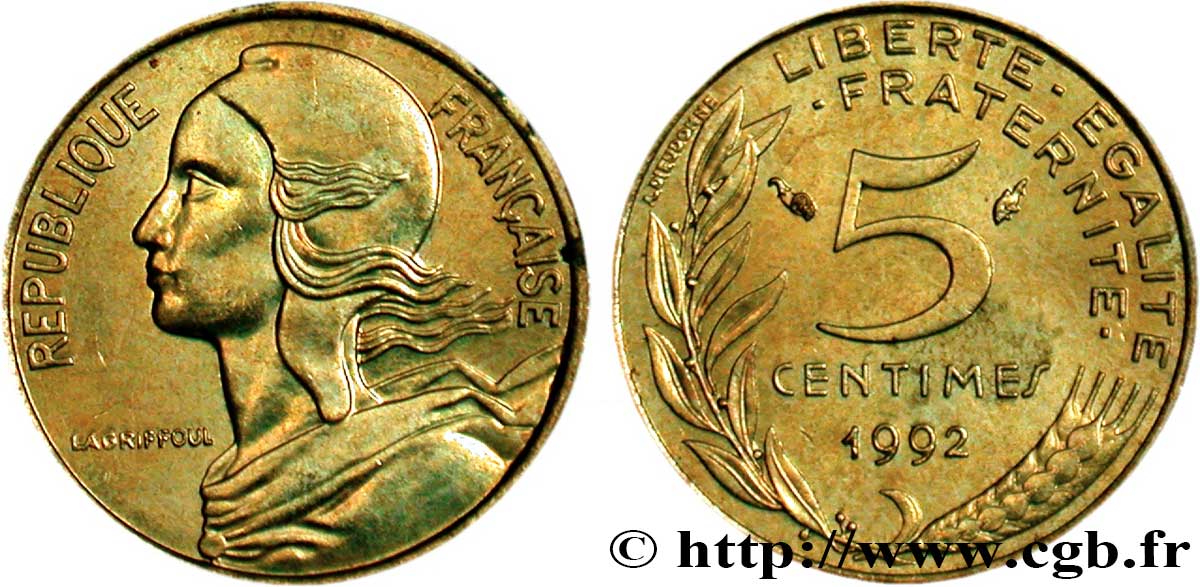 5 centimes Marianne, 4 plis 1992 Pessac F.125/30 AU58 