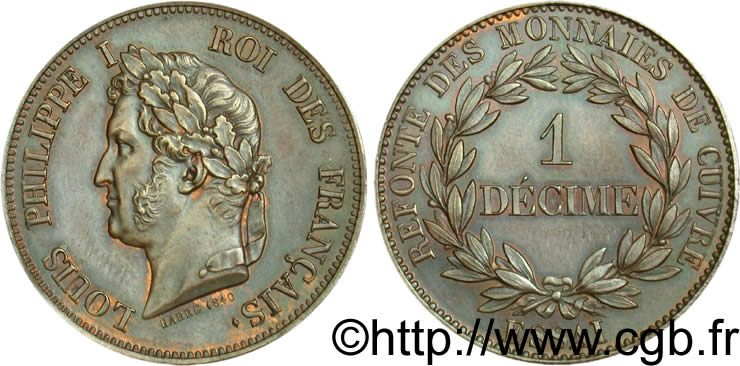 Essai 1 décime en cuivre, poids léger 1840 Paris VG.2916  MS63 