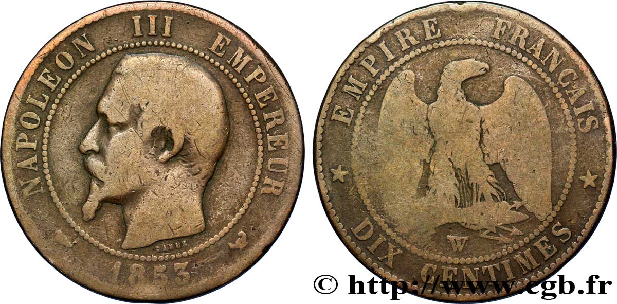 Dix centimes Napoléon III, tête nue 1853 Lille F.133/10 B12 