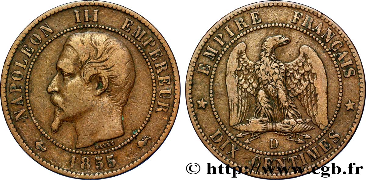 Dix centimes Napoléon III, tête nue 1855 Lyon F.133/26 TB35 