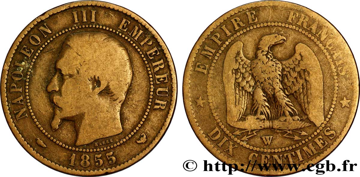 Dix centimes Napoléon III, tête nue 1855 Lille F.133/32 B12 