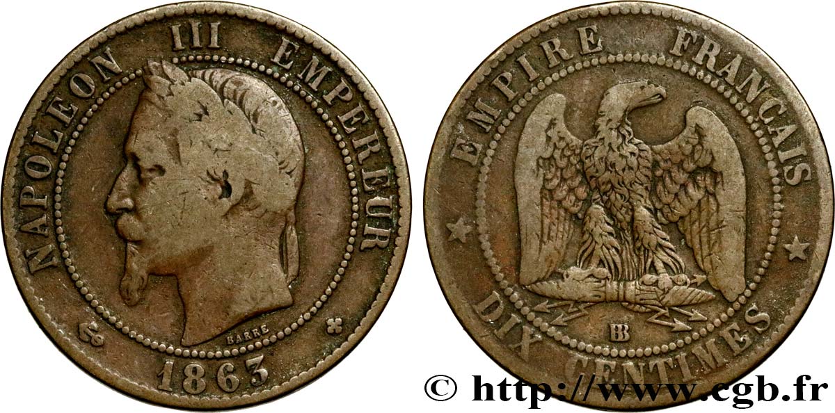 Dix centimes Napoléon III, tête laurée 1863 Strasbourg F.134/11 B12 