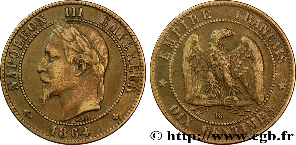 Dix centimes Napoléon III, tête laurée 1864 Strasbourg F.134/14 VF35 