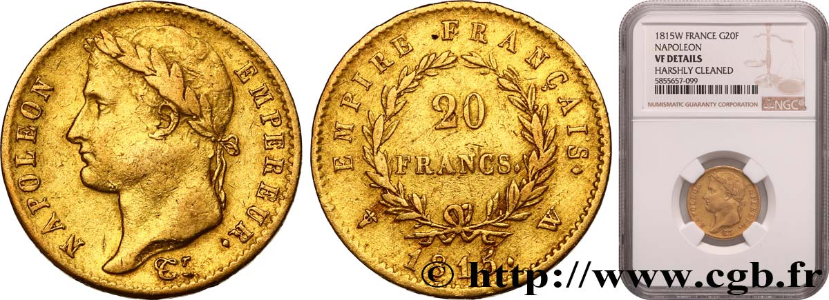 20 francs or Napoléon, tête laurée, Empire français 1815 Lille F.516A/3 BC NGC